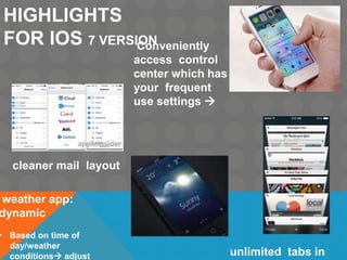 HIGHLIGHTS
FOR IOS 7 VERSIONConveniently
access control
center which has
your frequent
use settings 
cleaner mail layout
unlimited tabs in
weather app:
dynamic
• Based on time of
day/weather
conditions adjust
 