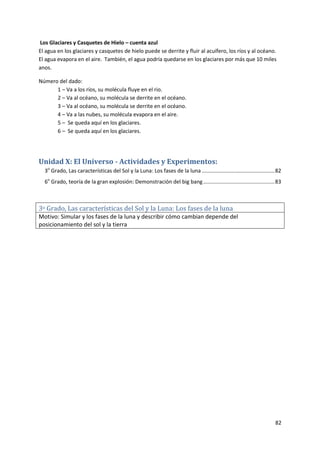 82
Los Glaciares y Casquetes de Hielo – cuenta azul
El agua en los glaciares y casquetes de hielo puede se derrite y fluir al acuífero, los ríos y al océano.
El agua evapora en el aire. También, el agua podría quedarse en los glaciares por más que 10 miles
anos.
Número del dado:
1 – Va a los ríos, su molécula fluye en el rio.
2 – Va al océano, su molécula se derrite en el océano.
3 – Va al océano, su molécula se derrite en el océano.
4 – Va a las nubes, su molécula evapora en el aire.
5 – Se queda aquí en los glaciares.
6 – Se queda aquí en los glaciares.
Unidad X: El Universo - Actividades y Experimentos:
3o
Grado, Las características del Sol y la Luna: Los fases de la luna .................................................82
6o
Grado, teoría de la gran explosión: Demonstración del big bang................................................83
3o Grado, Las características del Sol y la Luna: Los fases de la luna
Motivo: Simular y los fases de la luna y describir cómo cambian depende del
posicionamiento del sol y la tierra
 