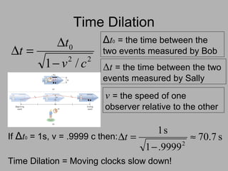 Time Dilation
22
0
/1 cv
t
t
−
∆
=∆
Δt0 = the time between the
two events measured by Bob
Δt = the time between the two
events measured by Sally
v = the speed of one
observer relative to the other
Time Dilation = Moving clocks slow down!
If Δt0 = 1s, v = .9999 c then: s7.70
9999.1
s1
2
≈
−
=∆t
 