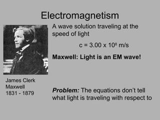 Electromagnetism
James Clerk
Maxwell
1831 - 1879
A wave solution traveling at the
speed of light
c = 3.00 x 108
m/s
Maxwell: Light is an EM wave!
Problem: The equations don’t tell
what light is traveling with respect to
 