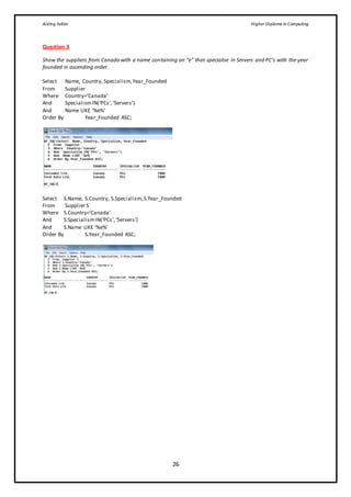 Aisling Fallon Higher Diploma in Computing
26
Question 3
Show the suppliers from Canada with a name containing an “e” that specialise in Servers and PC’s with the year
founded in ascending order.
Select Name, Country, Specialism,Year_Founded
From Supplier
Where Country=’Canada’
And SpecialismIN(‘PCs’,‘Servers’)
And Name LIKE ‘%e%’
Order By Year_Founded ASC;
Select S.Name, S.Country, S.Specialism,S.Year_Founded
From Supplier S
Where S.Country=’Canada’
And S.SpecialismIN(‘PCs’,‘Servers’)
And S.Name LIKE ‘%e%’
Order By S.Year_Founded ASC;
 