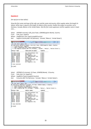 Aisling Fallon Higher Diploma in Computing
33
Question 4
(An equijoin on two tables)
Show the first name and town of the cafe user and the name and country of the supplier where the length (in
letters) of the town is equal to the length (in letters) of the country. Confine the output to countries not in
Germany, Canada, Mexico or the United States. Give the first name uppercase and the suppliers name in lower
case.....
Select UPPER(Firstname), Cafe_User.Town, LOWER(Supplier.Name), Country
From Cafe_User, Supplier
Where Length(Cafe_User.Town)=Length(Country)
And Supplier.Country NOT IN (‘Germany’, ‘Canada’,‘Mexico’, ‘United States’);
Select UPPER(CU.Firstname), CU.Town, LOWER(S.Name), S.Country
From Cafe_User CU, Supplier S
Where Length(CU.Town)=Length(S.Country)
And S.Country NOT IN (‘Germany’, ‘Canada’,‘Mexico’, ‘United States’);
 