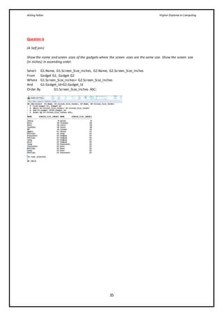 Aisling Fallon Higher Diploma in Computing
35
Question 6
(A Self join)
Show the name and screen sizes of the gadgets where the screen sizes are the same size. Show the screen size
(in inches) in ascending order.
Select G1.Name, G1.Screen_Size_Inches, G2.Name, G2.Screen_Size_Inches
From Gadget G1, Gadget G2
Where G1.Screen_Size_Inches= G2.Screen_Size_Inches
And G1.Gadget_Id<G2.Gadget_Id
Order By G1.Screen_Size_Inches ASC;
 
