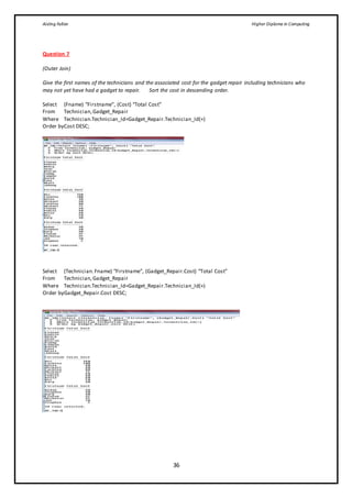Aisling Fallon Higher Diploma in Computing
36
Question 7
(Outer Join)
Give the first names of the technicians and the associated cost for the gadget repair including technicians who
may not yet have had a gadget to repair. Sort the cost in descending order.
Select (Fname) “Firstname”, (Cost) “Total Cost”
From Technician,Gadget_Repair
Where Technician.Technician_Id=Gadget_Repair.Technician_Id(+)
Order byCost DESC;
Select (Technician.Fname) “Firstname”, (Gadget_Repair.Cost) “Total Cost”
From Technician,Gadget_Repair
Where Technician.Technician_Id=Gadget_Repair.Technician_Id(+)
Order byGadget_Repair.Cost DESC;
 