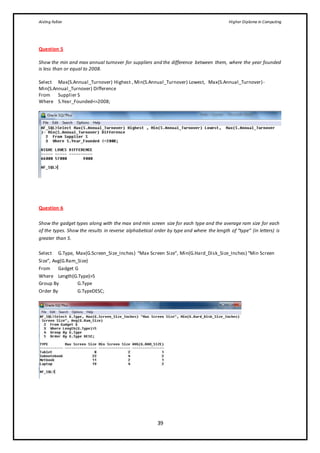 Aisling Fallon Higher Diploma in Computing
39
Question 5
Show the min and max annual turnover for suppliers and the difference between them, where the year founded
is less than or equal to 2008.
Select Max(S.Annual_Turnover) Highest , Min(S.Annual_Turnover) Lowest, Max(S.Annual_Turnover)-
Min(S.Annual_Turnover) Difference
From Supplier S
Where S.Year_Founded<=2008;
Question 6
Show the gadget types along with the max and min screen size for each type and the average ram size for each
of the types. Show the results in reverse alphabetical order by type and where the length of “type” (in letters) is
greater than 5.
Select G.Type, Max(G.Screen_Size_Inches) “Max Screen Size”, Min(G.Hard_Disk_Size_Inches) “Min Screen
Size”, Avg(G.Ram_Size)
From Gadget G
Where Length(G.Type)>5
Group By G.Type
Order By G.TypeDESC;
 