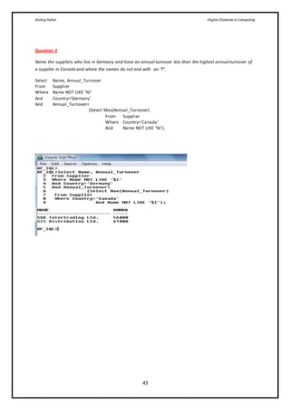 Aisling Fallon Higher Diploma in Computing
43
Question 2
Name the suppliers who live in Germany and have an annual turnover less than the highest annual turnover of
a supplier in Canada and where the names do not end with an “l”.
Select Name, Annual_Turnover
From Supplier
Where Name NOT LIKE ‘%l’
And Country=’Germany’
And Annual_Turnover<
(Select Max(Annual_Turnover)
From Supplier
Where Country=’Canada’
And Name NOT LIKE ‘%l’);
 