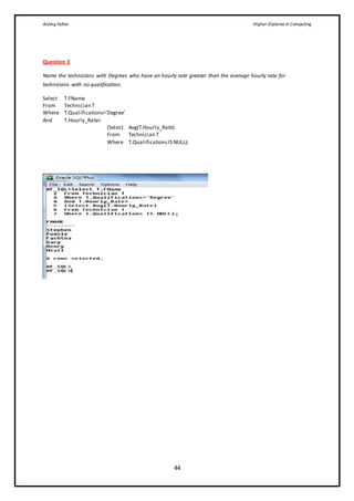 Aisling Fallon Higher Diploma in Computing
44
Question 3
Name the technicians with Degrees who have an hourly rate greater than the average hourly rate for
technicians with no qualification.
Select T.FName
From Technician T
Where T.Qualifications=’Degree’
And T.Hourly_Rate>
(Select Avg(T.Hourly_Rate)
From Technician T
Where T.QualificationsIS NULL);
 