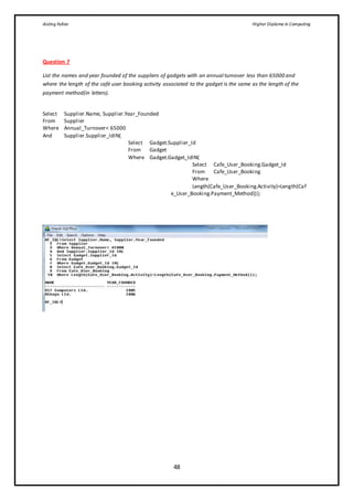 Aisling Fallon Higher Diploma in Computing
48
Question 7
List the names and year founded of the suppliers of gadgets with an annual turnover less than 65000 and
where the length of the café user booking activity associated to the gadget is the same as the length of the
payment method(in letters).
Select Supplier.Name, Supplier.Year_Founded
From Supplier
Where Annual_Turnover< 65000
And Supplier.Supplier_IdIN(
Select Gadget.Supplier_Id
From Gadget
Where Gadget.Gadget_IdIN(
Select Cafe_User_Booking.Gadget_Id
From Cafe_User_Booking
Where
Length(Cafe_User_Booking.Activity)=Length(Caf
e_User_Booking.Payment_Method)));
 