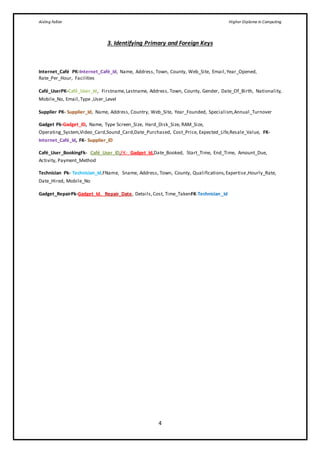 Aisling Fallon Higher Diploma in Computing
4
3. Identifying Primary and Foreign Keys
Internet_Café PK-Internet_Café_Id, Name, Address, Town, County, Web_Site, Email,Year_Opened,
Rate_Per_Hour, Facilities
Café_UserPK-Café_User_Id, Firstname,Lastname, Address, Town, County, Gender, Date_Of_Birth, Nationality,
Mobile_No, Email,Type ,User_Level
Supplier PK- Supplier_Id, Name, Address, Country, Web_Site, Year_Founded, Specialism,Annual_Turnover
Gadget Pk-Gadget_ID, Name, Type Screen_Size, Hard_Disk_Size, RAM_Size,
Operating_System,Video_Card,Sound_Card,Date_Purchased, Cost_Price, Expected_Life,Resale_Value, FK-
Internet_Café_Id, FK- Supplier_ID
Café_User_BookingFk- Café_User_ID,FK- Gadget_Id,Date_Booked, Start_Time, End_Time, Amount_Due,
Activity, Payment_Method
Technician Pk- Technician_Id,FName, Sname, Address, Town, County, Qualifications,Expertise,Hourly_Rate,
Date_Hired, Mobile_No
Gadget_RepairPk-Gadget_Id, Repair_Date, Details,Cost, Time_TakenFK-Technician_Id
 