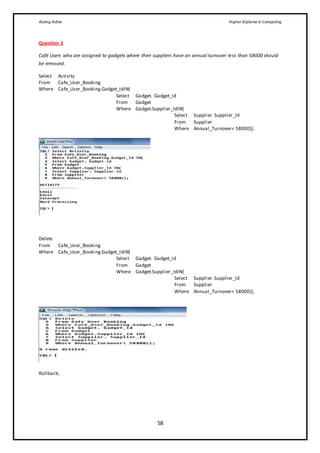 Aisling Fallon Higher Diploma in Computing
58
Question 3
Café Users who are assigned to gadgets where their suppliers have an annual turnover less than 58000 should
be removed.
Select Activity
From Cafe_User_Booking
Where Cafe_User_Booking.Gadget_IdIN(
Select Gadget. Gadget_Id
From Gadget
Where Gadget.Supplier_IdIN(
Select Supplier.Supplier_Id
From Supplier
Where Annual_Turnover< 58000));
Delete
From Cafe_User_Booking
Where Cafe_User_Booking.Gadget_IdIN(
Select Gadget. Gadget_Id
From Gadget
Where Gadget.Supplier_IdIN(
Select Supplier.Supplier_Id
From Supplier
Where Annual_Turnover< 58000));
Rollback;
 