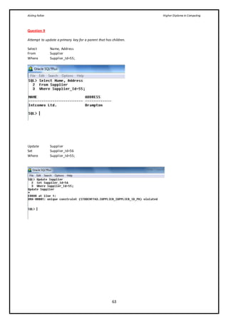 Aisling Fallon Higher Diploma in Computing
63
Question 9
Attempt to update a primary key for a parent that has children.
Select Name, Address
From Supplier
Where Supplier_Id=55;
Update Supplier
Set Supplier_Id=56
Where Supplier_Id=55;
 