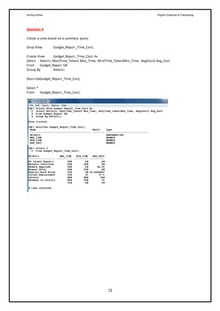 Aisling Fallon Higher Diploma in Computing
72
Question 4
Create a view based on a summary query.
Drop View Gadget_Repair_Time_Cost;
Create View Gadget_Repair_Time_Cost As
Select Details,Max(Time_Taken) Max_Time, Min(Time_Taken)Min_Time, Avg(Cost) Avg_Cost
From Gadget_Repair GR
Group By Details;
DescribeGadget_Repair_Time_Cost;
Select *
From Gadget_Repair_Time_Cost;
 