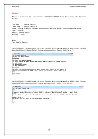Aisling Fallon Higher Diploma in Computing
79
Question 7
Attempt an invalid insert into a view containing a WITH CHECK OPTION clause, demonstrating when it succeeds
and fails.
Drop View Supplier_Canada;
Create View Supplier_Canada As
Select Supplier_Id,Annual_Turnover, Name, Country, Web_Site, Address, Year_Founded, Specialism
From Supplier
Where Country=’Canada’
With Check Option;
Select *
From Supplier_Canada;
Insertinto Supplier_Canada(Supplier_Id,Annual_Turnover,Name, Country, Web_Site, Address, Year_Founded,
Specialism)Values(84,60000,‘Techo’, ‘Canada’,‘www.techo.com’, ‘Dublin’, 2006,‘Servers’);
Insertinto Supplier_Canada(Supplier_Id,Annual_Turnover,Name, Country, Web_Site, Address, Year_Founded,
Specialism)Values(50,60000,‘Techo’, ‘Ireland’,‘www.techo.com’, ‘Dublin’, 2006,‘Servers’);
 
