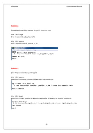 Aisling Fallon Higher Diploma in Computing
83
Question 5
(Drop a Pk constraintbut you need to drop Fk constraintfirst)
Alter TableGadget
Drop ConstraintGad_Supplier_Id_FK;
Alter TableSupplier
Drop ConstraintSupplier_Supplier_Id_PK;
Question 6
(Add the pk constraintyou justdropped)
Alter TableSupplier
Add ConstraintSupplier_Supplier_Id_PK Primary Key(Supplier_Id);
Alter TableGadget
Add ConstraintGad_Supplier_Id_FK Foreign Key(Supplier_Id) References Supplier(Supplier_Id);
 