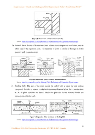 Conference on: “Trends and Challenges of Civil Engineering in Today’s Transforming World”
11
29th March, 2014, Civil Engineering Department S.N.P.I.T. & R.C., Umrakh
Figure 5: Expansion Joint treatment in walls
Source: https://www.google.co.in/#q=Material+%26+Techniques+of+Expansion+Joints+images
2) Framed Walls: In case of framed structure, it is necessary to provide two frames, one on
either side of the expansion joint. The treatment of joints is similar to those given to the
masonry wall expansion joint.
Figure 6: Expansion Joint treatment in Framed walls
Source: https://www.google.co.in/#q=Material+%26+Techniques+of+Expansion+Joints+images
3) Roofing Slab: The gap of the joint should be sealed with a water bar and sealing
compound. In order to prevent cracks in the masonry above or below the expansion joint
R.C.C or plain concrete bed blocks should be provided in the masonry below the
expansion joint in the slab.
Figure 7: Expansion Joint treatment in Roofing Slab
Source: https://www.google.co.in/#q=Material+%26+Techniques+of+Expansion+Joints+images
 