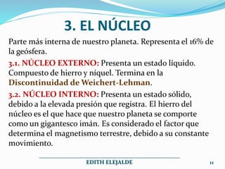 3. EL NÚCLEO
Parte más interna de nuestro planeta. Representa el 16% de
la geósfera.
3.1. NÚCLEO EXTERNO: Presenta un estado líquido.
Compuesto de hierro y níquel. Termina en la
Discontinuidad de Weichert-Lehman.
3.2. NÚCLEO INTERNO: Presenta un estado sólido,
debido a la elevada presión que registra. El hierro del
núcleo es el que hace que nuestro planeta se comporte
como un gigantesco imán. Es considerado el factor que
determina el magnetismo terrestre, debido a su constante
movimiento.
__________________________________________________
EDITH ELEJALDE 11
 