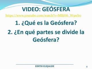 VIDEO: GEÓSFERA
https://www.youtube.com/watch?v=MBjH6_W9wbo
1. ¿Qué es la Geósfera?
2. ¿En qué partes se divide la
Geósfera?
__________________________________________________
EDITH ELEJALDE 4
 