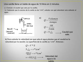 Una canilla llena un balde de agua de 10 litros en 2 minutos.
min5
min2
10
l
Q
l
Q
tiempo
Volumen
Q
Caudal que
sale.
a)
seg
cm
seg
cm
l
v
cmv
cmv
SVQ
3,83
1*
1*5
*
2
60
5000
2
min
3
Velocidad del
agua a la
salida.
 