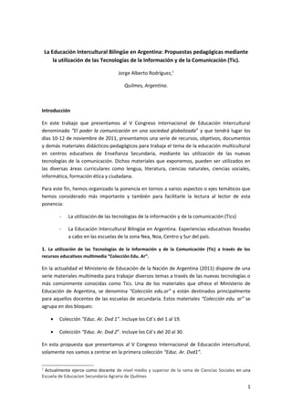 La Educación Intercultural Bilingüe en Argentina: Propuestas pedagógicas mediante la utilización de las Tecnologías de la Información y de la Comunicación (Tic)