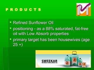  Refined Sunflower OilRefined Sunflower Oil
 positioning - as a 88% saturated, fat-freepositioning - as a 88% saturated, fat-free
oil with Low Absorb propertiesoil with Low Absorb properties
 primary target has been housewives (ageprimary target has been housewives (age
25 +)25 +)
P R O D U C T S
 