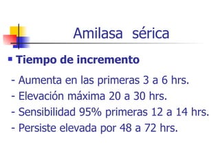 Amilasa  sérica Tiempo de incremento - Aumenta en las primeras 3 a 6 hrs. - Elevación máxima 20 a 30 hrs. - Sensibilidad 95% primeras 12 a 14 hrs. - Persiste elevada por 48 a 72 hrs. 