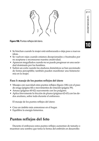 Reflexología podal 091-269         27/12/04 10:46     Página 211




                                                                             211




                                                                             La bóveda plantar
     Figura 106. Puntos reflejos del útero.

                                                                             10
     • Se hinchan cuando la mujer está embarazada o deja paso a nuevas
       ideas.
     • Se vuelven rojos cuando estamos decepcionados o frustrados por
       no aceptarse o reconocerse nuestra creatividad.
     • Aparecen magullados cuando no se puede progresar en una socie-
       dad dominada por los hombres.
     • Sufren un corte cuando las ataduras domésticas se han seccionado
       de forma perceptible; también pueden manifestar una histerecto-
       mía en la mujer.


     Paso 3: masaje de los puntos reflejos del útero
     • Masajea con suavidad estos puntos reflejos (figura 106) con el paso
       de oruga (página 60) o movimientos de rotación (página 59).
     • Amasa (páginas 60-62) suavemente con los pulgares.
     • Aplica brevemente la fricción de pluma (páginas 62-63) con los de-
       dos anulares, sobre todo durante el embarazo.

        El masaje de los puntos reflejos del útero:

     • Crea un ámbito más armonioso en el hogar.
     • Equilibra la energía femenina.



     Puntos reflejos del feto
      Durante el embarazo estos puntos reflejos aumentan de tamaño o
     muestran una sombra que toma la forma del embrión en desarrollo:
 