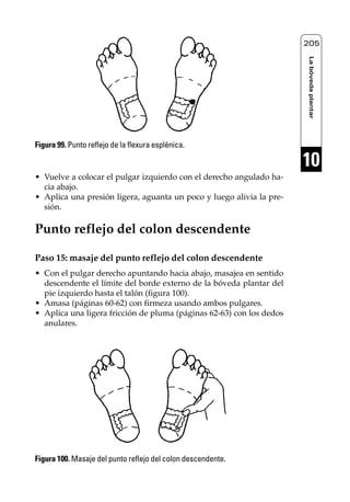Reflexología podal 091-269         27/12/04 10:46        Página 205




                                                                           205




                                                                           La bóveda plantar
     Figura 99. Punto reflejo de la flexura esplénica.

                                                                           10
     • Vuelve a colocar el pulgar izquierdo con el derecho angulado ha-
       cia abajo.
     • Aplica una presión ligera, aguanta un poco y luego alivia la pre-
       sión.

     Punto reflejo del colon descendente

     Paso 15: masaje del punto reflejo del colon descendente
     • Con el pulgar derecho apuntando hacia abajo, masajea en sentido
       descendente el límite del borde externo de la bóveda plantar del
       pie izquierdo hasta el talón (figura 100).
     • Amasa (páginas 60-62) con firmeza usando ambos pulgares.
     • Aplica una ligera fricción de pluma (páginas 62-63) con los dedos
       anulares.




     Figura 100. Masaje del punto reflejo del colon descendente.
 