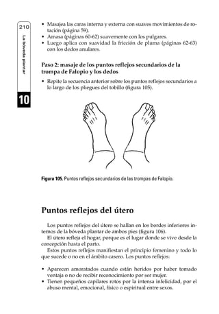 Reflexología podal 091-269                  27/12/04 10:46       Página 210




                         • Masajea las caras interna y externa con suaves movimientos de ro-
    210
                           tación (página 59).
                         • Amasa (páginas 60-62) suavemente con los pulgares.
     La bóveda plantar




                         • Luego aplica con suavidad la fricción de pluma (páginas 62-63)
                           con los dedos anulares.


                         Paso 2: masaje de los puntos reflejos secundarios de la
                         trompa de Falopio y los dedos
                         • Repite la secuencia anterior sobre los puntos reflejos secundarios a
                           lo largo de los pliegues del tobillo (figura 105).

    10




                         Figura 105. Puntos reflejos secundarios de las trompas de Falopio.




                         Puntos reflejos del útero
                            Los puntos reflejos del útero se hallan en los bordes inferiores in-
                         ternos de la bóveda plantar de ambos pies (figura 106).
                            El útero refleja el hogar, porque es el lugar donde se vive desde la
                         concepción hasta el parto.
                            Estos puntos reflejos manifiestan el principio femenino y todo lo
                         que sucede o no en el ámbito casero. Los puntos reflejos:

                         • Aparecen amoratados cuando están heridos por haber tomado
                           ventaja o no de recibir reconocimiento por ser mujer.
                         • Tienen pequeños capilares rotos por la intensa infelicidad, por el
                           abuso mental, emocional, físico o espiritual entre sexos.
 