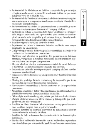 Reflexología podal 091-269      27/12/04 10:45     Página 105




     • Enfermedad de Alzheimer: se debilita la creencia de que es mejor
                                                                                 105
       refugiarse en la mente, y para ello se refuerza la idea de que no es
       peligroso vivir en el mundo real.




                                                                                 Los dedos del pie
     • Enfermedad de Parkinson: se renuncia al deseo intenso de organi-
       zar o someterse a la organización de otros mediante el restableci-
       miento del control interno.
     • Envejecimiento: se alivian las preocupaciones y aprensión, y se re-
       juvenece constantemente la mente, el cuerpo y el alma.
     • Epilepsia: se reduce la necesidad de «tener un ataque» o «morder-
       se la lengua» brindando una oportunidad para sintonizar una lon-
       gitud de onda más aceptable y, al mismo tiempo, descubriendo
       formas de llevar adelante conceptos extraordinarios.
     • Equilibrio (pérdida del): se centra la mente.
     • Equimosis: se calma la tormenta interior mediante una mayor
                                                                                 7
       aceptación de uno mismo.
     • Gingivorragia (encías hemorrágicas): se restablece el apoyo y la
       confianza en las decisiones personales.
     • Halitosis (mal aliento): se purifican los pensamientos dañinos,
       amargos, vengativos e hirientes mejorando la comunicación inte-
       rior mediante una mayor comprensión.
     • Herpes labial: se elimina la dolorosa necesidad de «abrir la boca»
       o mantener «los labios cerrados» creando paz interior.
     • Insomnio: se calma la mente para que el cuerpo y el alma puedan
       descansar con facilidad.
     • Jaquecas: se libera la mente de una presión muy fuerte para poder
       actuar.
     • Meningitis: se disipa la furia contenida y la frustración por tener
       que ocultar o proteger las nociones personales.
     • Nerviosismo: se restablece la fe y la confianza en las capacidades
       personales.
     • Neuralgia: se calma el dolor y la angustia ante posibles rechazos, o
       el ridículo cuando se comunican ideas inusuales.
     • Odontalgia: se elimina la agonía y dolor por la toma de decisiones.
     • Otalgia (dolor de oídos): se alivia el dolor y daño por lo que se di-
       ce en voz alta o se «masculla».
     • Parálisis: se libera la mente del miedo atenazante y permite movi-
       lizar las ideas propias para seguir avanzando.
     • Parálisis cerebral: se estimula el proceso de pensamiento con un
       intercambio más animado de ideas.
     • Parálisis de Bell: se favorece la expresión abierta de los conceptos
       personales.
     • Pie de atleta: se libera la frustración por no hablar claro o por dejar
       que otros hablen por uno, restableciendo la confianza en uno mismo.
 