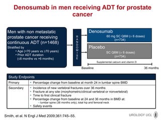 Denosumab in men receiving ADT for prostate cancer Supplemental calcium and vitamin D Baseline 36 months R A N D O M I S E Men with non metastatic  prostate cancer receiving  continuous ADT (n=1468) Stratified by Age (<70 years vs   70 years) Prior ADT duration (  6 months vs >6 months) Denosumab   60 mg SC Q6M (   6 doses)  (n=734) Placebo   SC Q6M (   6 doses) (n=734)  Smith, et al. N Engl J Med   2009;361:745–55. Study Endpoints Primary Percentage change from baseline at month 24 in lumbar spine BMD Secondary Incidence of new vertebral fractures over 36 months Fracture at any site (morphometric/clinical vertebral or nonvertebral) Time to first clinical fracture  Percentage change from baseline at 24 and 36 months in BMD at: lumbar spine (36 months only), total hip and femoral neck Safety events 