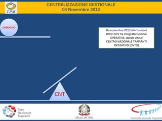 OPERATIVO
CNT
CENTRALIZZAZIONE GESTIONALE
04 Novembre 2013
Da novembre 2013 alle funzioni
DIRETTIVE ha integrato funzioni
OPERATIVE, dando vita al
CENTRO NAZIONALE TRAPIANTI
OPERATIVO (CNTO)
 