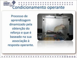 Condicionamento operante
          Processo de
          aprendizagem
        dinamizado pela
           obtenção do
         reforço e que é
         baseado na sua
           associação à
       resposta operante.

Rua Professor Veiga Simão | 3700 - 355 Fajões | Telefone: 256 850 450 | Fax: 256 850 452 | www.agrupamento-fajoes.pt | E-mail: geral@agrupamento-fajoes.pt
 