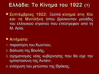 Ελλάδα: Το Κίνημα του 1922            (1)

   Σεπτέμβριος 1922: Ξεσπά κίνημα στη Χίο
    και τη Μυτιλήνη όπου βρίσκονταν μονάδες
    του ελληνικού στρατού που επέστρεφαν από τη
    Μ. Ασία.

  Αιτήματα:
1. παραίτηση του Κων/νου,
2. διάλυση της Βουλής,
3. σχηματισμός νέας κυβέρνησης που θα είχε την
   εμπιστοσύνη της Αντάντ,
4. ενίσχυση του μετώπου της Θράκης.
 