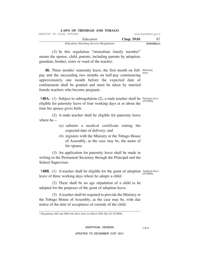 Education Act of Trinidad and Tobago updated to Dec 31st 2011