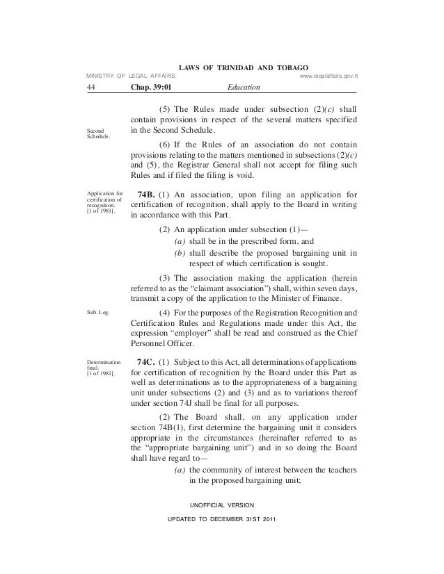 Education Act of Trinidad and Tobago updated to Dec 31st 2011