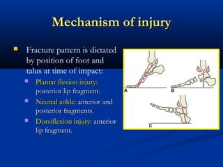 Mechanism of injury


Fracture pattern is dictated
by position of foot and
talus at time of impact:






Plantar flexion injury:
posterior lip fragment.
Neutral ankle: anterior and
posterior fragments.
Dorsiflexion injury: anterior
lip fragment.  

 