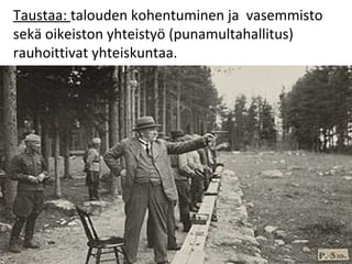Tiivistelmä: 
Suomen yhteiskunta oli jakautunut 1920- ja 1930-luvuilla sisällissodan 
voittajiin (oikeisto) ja häviäjiin (...