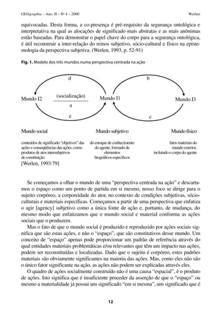 GEOgraphia – Ano. II – No 4 – 2000                                                                Werlen

equivocadas. Desta forma, a co-presença é pré-requisito da segurança ontológica e
interpretativa na qual as alocações de significado mais abstratas e as mais anônimas
estão baseadas. Para demonstrar o papel chave do corpo para a segurança ontológica,
é útil reconstruir a inter-relação do reinos subjetivo, sócio-cultural e físico na episte-
mologia da perspectiva subjetiva. (Werlen, 1993, p. 52-91)

Fig. 1. Modelo dos três mundos numa perspectiva centrada na ação


                             d                                          b


                      (socialização)            Mundo I1
Mundo I2            _____________
                     ____________                                                        Mundo I3
                             a

                              e                                         c

Mundo social                                  Mundo subjetivo                          Mundo físico

conteúdos de significado “objetivos” das   do estoque de conhecimento                 fatos materiais do
ações e conseqüências das ações, como         do agente, formado de                     mundo exterior,
produtos de atos intersubjetivos                    elementos               incluindo o corpo do agente
de constituição                              biográficos específicos
[Werlen, 1993:79]


   Se começamos a olhar o mundo de uma “perspectiva centrada na ação” e descarta-
mos o espaço como um ponto de partida em si mesmo, nosso foco se dirige para o
sujeito corpóreo, a corporeidade do ator, no contexto de condições subjetivas, sócio-
culturais e materiais específicas. Começamos a partir de uma perspectiva que enfatiza
o agir [agency] subjetivo como a única fonte de ação e, portanto, de mudança, do
mesmo modo que enfatizamos que o mundo social e material conforma as ações
sociais que o produzem.
   Mas o fato de que o mundo social é produzido e reproduzido por ações sociais sig-
nifica que são estas ações, e não o “espaço”, que são constitutivos desse mundo. Um
conceito de “espaço” apenas pode proporcionar um padrão de referência através do
qual entidades materiais problemáticas e/ou relevantes que têm um impacto nas ações,
podem ser reconstituídas e localizadas. Dado que o sujeito é corpóreo, estes padrões
materiais são obviamente significantes na maioria das ações. Mas, como eles não são
o único fator significante na ação, as ações não podem ser explicadas através eles.
   O quadro de ações socialmente construído não é uma causa “espacial”, é o produto
de ações. Isto significa que é insuficiente proceder da asserção de que o “espaço” ou
mesmo a materialidade já possui um significado “em si mesma”, um significado que é


                                                     12
 