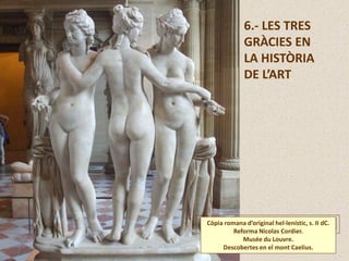 6.- LES TRES
GRÀCIES EN
LA HISTÒRIA
DE L’ART
Còpia romana d’original hel·lenístic, s. II dC.
Reforma Nicolas Cordier.
Musée du Louvre.
Descobertes en el mont Caelius.
 