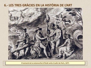 Il·lustració de la metamorfosi d’Ovidi amb el Judici de Paris, 1677.
6.- LES TRES GRÀCIES EN LA HISTÒRIA DE L’ART
 