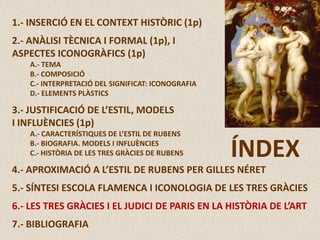 1.- INSERCIÓ EN EL CONTEXT HISTÒRIC (1p)
2.- ANÀLISI TÈCNICA I FORMAL (1p), I
ASPECTES ICONOGRÀFICS (1p)
A.- TEMA
B.- COMPOSICIÓ
C.- INTERPRETACIÓ DEL SIGNIFICAT: ICONOGRAFIA
D.- ELEMENTS PLÀSTICS
3.- JUSTIFICACIÓ DE L’ESTIL, MODELS
I INFLUÈNCIES (1p)
A.- CARACTERÍSTIQUES DE L’ESTIL DE RUBENS
B.- BIOGRAFIA. MODELS I INFLUÈNCIES
C.- HISTÒRIA DE LES TRES GRÀCIES DE RUBENS
4.- APROXIMACIÓ A L’ESTIL DE RUBENS PER GILLES NÉRET
5.- SÍNTESI ESCOLA FLAMENCA I ICONOLOGIA DE LES TRES GRÀCIES
6.- LES TRES GRÀCIES I EL JUDICI DE PARIS EN LA HISTÒRIA DE L’ART
7.- BIBLIOGRAFIA
ÍNDEX
 