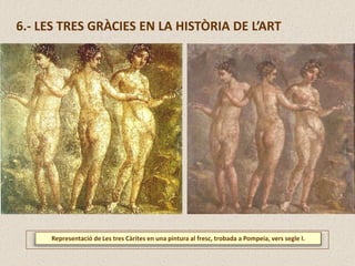 Representació de Les tres Càrites en una pintura al fresc, trobada a Pompeia, vers segle I.
6.- LES TRES GRÀCIES EN LA HISTÒRIA DE L’ART
 