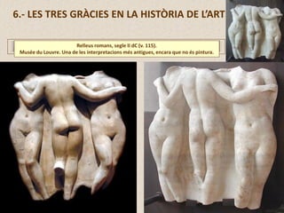 6.- LES TRES GRÀCIES EN LA HISTÒRIA DE L’ART
Relleus romans, segle II dC (v. 115).
Musée du Louvre. Una de les interpretacions més antigues, encara que no és pintura.
 