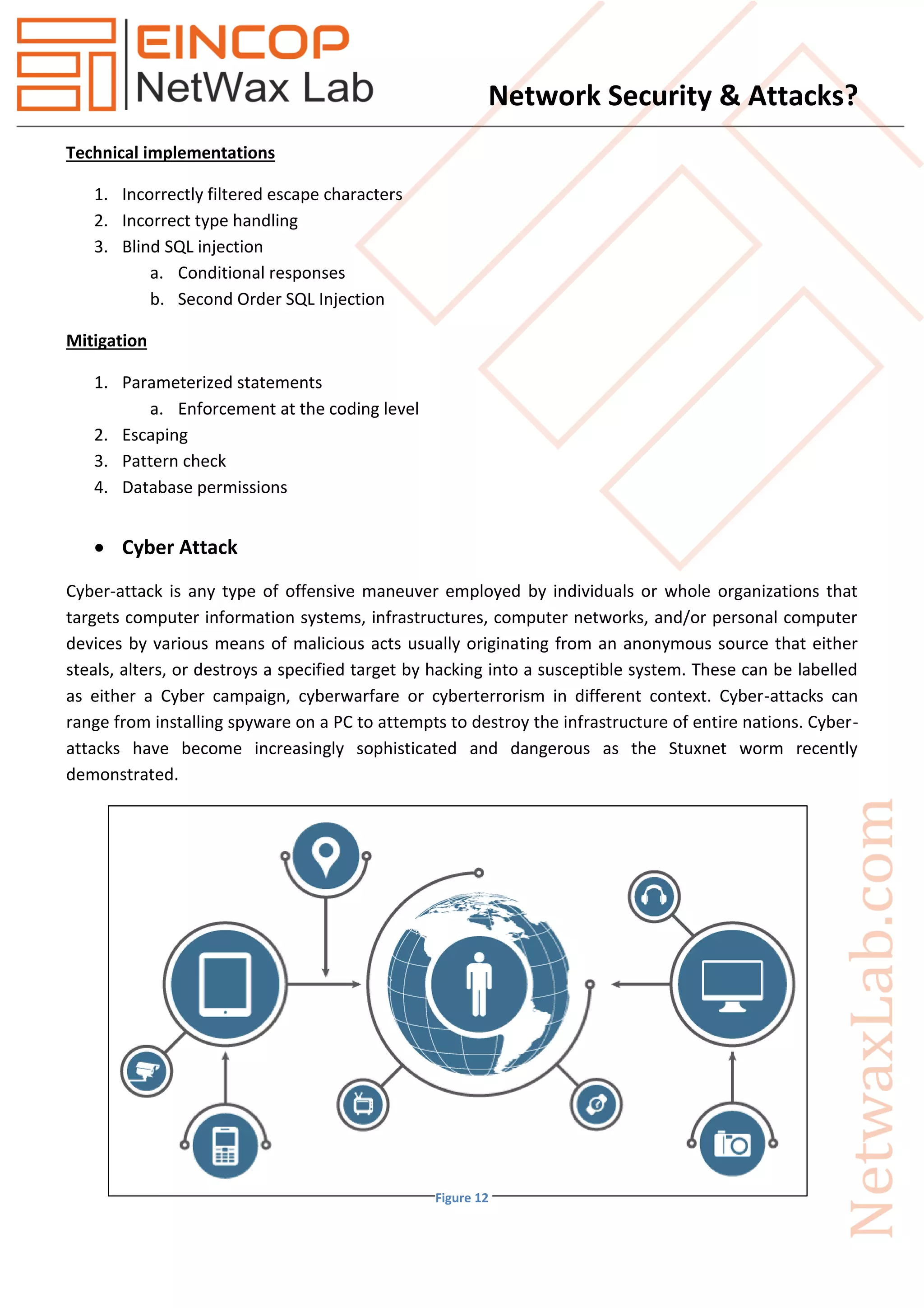 Network Security & Attacks?
Technical implementations
1. Incorrectly filtered escape characters
2. Incorrect type handling
3. Blind SQL injection
a. Conditional responses
b. Second Order SQL Injection
Mitigation
1. Parameterized statements
a. Enforcement at the coding level
2. Escaping
3. Pattern check
4. Database permissions
 Cyber Attack
Cyber-attack is any type of offensive maneuver employed by individuals or whole organizations that
targets computer information systems, infrastructures, computer networks, and/or personal computer
devices by various means of malicious acts usually originating from an anonymous source that either
steals, alters, or destroys a specified target by hacking into a susceptible system. These can be labelled
as either a Cyber campaign, cyberwarfare or cyberterrorism in different context. Cyber-attacks can
range from installing spyware on a PC to attempts to destroy the infrastructure of entire nations. Cyber-
attacks have become increasingly sophisticated and dangerous as the Stuxnet worm recently
demonstrated.
Figure 12
 