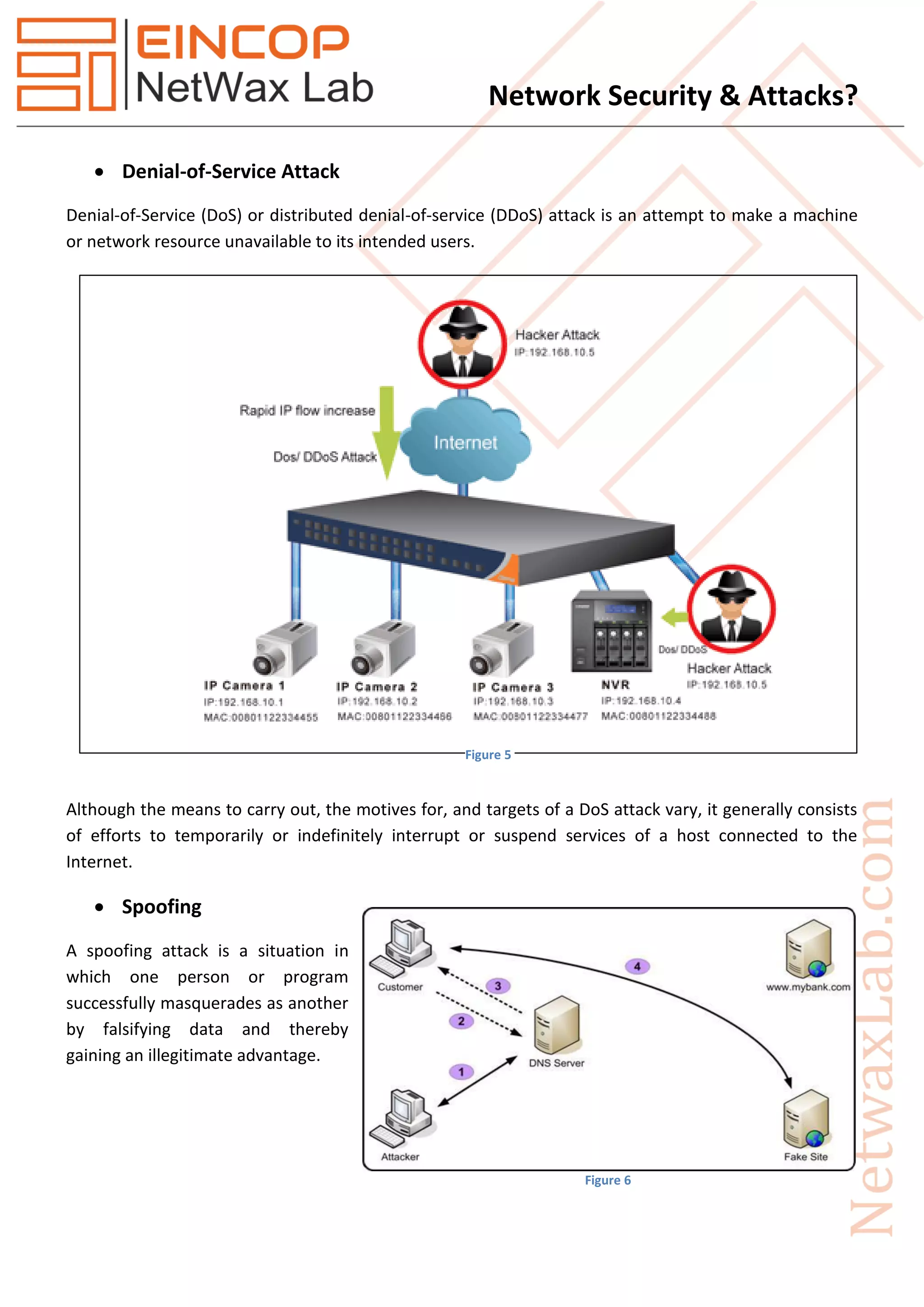Network Security & Attacks?
 Denial-of-Service Attack
Denial-of-Service (DoS) or distributed denial-of-service (DDoS) attack is an attempt to make a machine
or network resource unavailable to its intended users.
Although the means to carry out, the motives for, and targets of a DoS attack vary, it generally consists
of efforts to temporarily or indefinitely interrupt or suspend services of a host connected to the
Internet.
 Spoofing
A spoofing attack is a situation in
which one person or program
successfully masquerades as another
by falsifying data and thereby
gaining an illegitimate advantage.
Figure 5
Figure 6
 