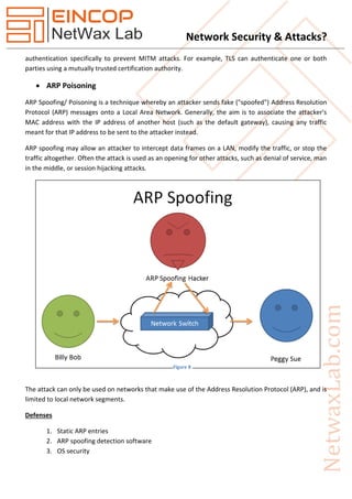 Network Security & Attacks?
authentication specifically to prevent MITM attacks. For example, TLS can authenticate one or both
parties using a mutually trusted certification authority.
 ARP Poisoning
ARP Spoofing/ Poisoning is a technique whereby an attacker sends fake ("spoofed") Address Resolution
Protocol (ARP) messages onto a Local Area Network. Generally, the aim is to associate the attacker's
MAC address with the IP address of another host (such as the default gateway), causing any traffic
meant for that IP address to be sent to the attacker instead.
ARP spoofing may allow an attacker to intercept data frames on a LAN, modify the traffic, or stop the
traffic altogether. Often the attack is used as an opening for other attacks, such as denial of service, man
in the middle, or session hijacking attacks.
The attack can only be used on networks that make use of the Address Resolution Protocol (ARP), and is
limited to local network segments.
Defenses
1. Static ARP entries
2. ARP spoofing detection software
3. OS security
Figure 8
 