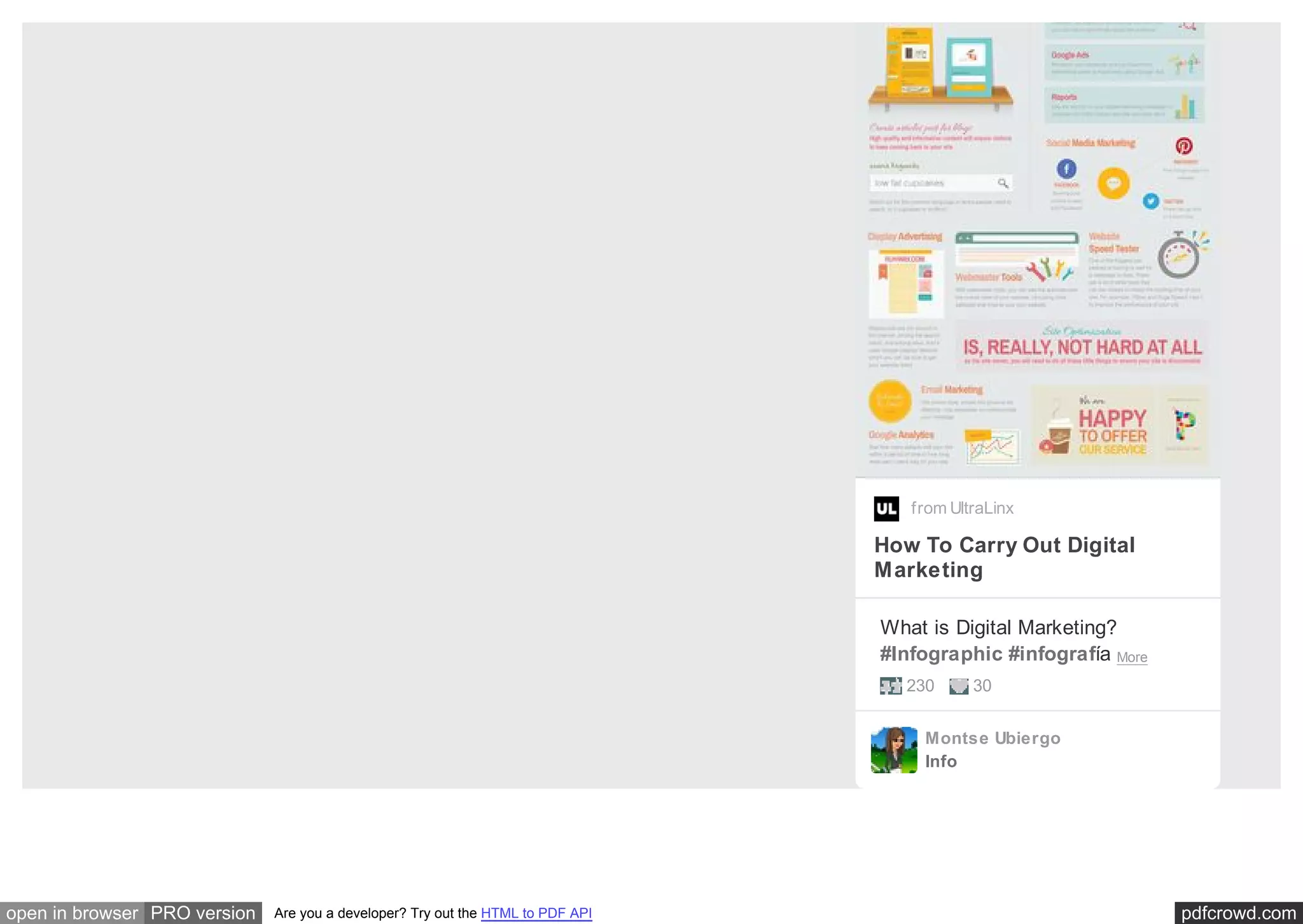 pdfcrowd.comopen in browser PRO version Are you a developer? Try out the HTML to PDF API
from UltraLinx
How To Carry Out Digital
Marketing
What is Digital Marketing?
#Infographic #infografía More
230 30
Montse Ubiergo
Info
 