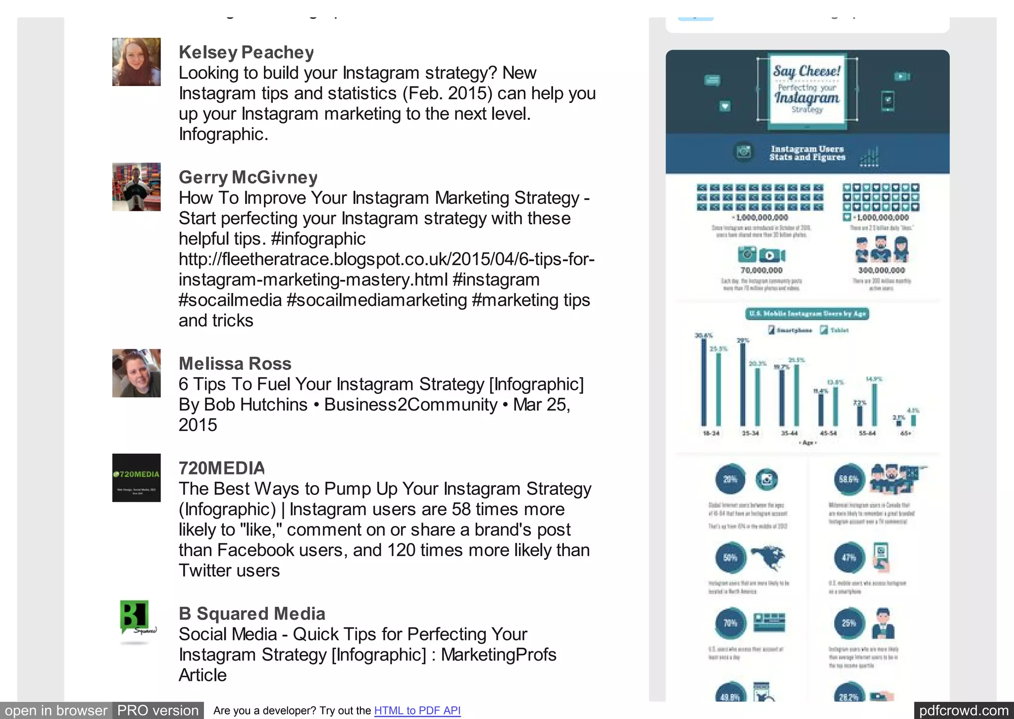 pdfcrowd.comopen in browser PRO version Are you a developer? Try out the HTML to PDF API
#Instagram #Infographic
Kelsey Peachey
Looking to build your Instagram strategy? New
Instagram tips and statistics (Feb. 2015) can help you
up your Instagram marketing to the next level.
Infographic.
Gerry McGivney
How To Improve Your Instagram Marketing Strategy -
Start perfecting your Instagram strategy with these
helpful tips. #infographic
http://fleetheratrace.blogspot.co.uk/2015/04/6-tips-for-
instagram-marketing-mastery.html #instagram
#socailmedia #socailmediamarketing #marketing tips
and tricks
Melissa Ross
6 Tips To Fuel Your Instagram Strategy [Infographic]
By Bob Hutchins • Business2Community • Mar 25,
2015
720MEDIA
The Best Ways to Pump Up Your Instagram Strategy
(Infographic) | Instagram users are 58 times more
likely to "like," comment on or share a brand's post
than Facebook users, and 120 times more likely than
Twitter users
B Squared Media
Social Media - Quick Tips for Perfecting Your
Instagram Strategy [Infographic] : MarketingProfs
Article
Social Media Infographics
#soc
 