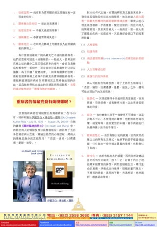 敦 珠 佛 學 會 國 際 有 限 公 司
通 訊 地 址 ： 香 港 柴 灣 常 安 街 7 7 號 發 達 中 心 4 樓
4th Floor, Federal Centre, 77 Sheung On Street, Chaiwan, Hong Kong
電話：(852) 2558 3680 傳真：(852) 3157 1144
網 址 ： h t t p : / / w w w . d u d j o m b a . c o m 電 子 郵 件 ： info@dudjomba.org.hk
版權擁有者：
敦珠佛學會國際有限公司
Youtube
www.youtube.com/user/DudjomBuddhist
Facebook
www.facebook.com/DudjomBuddhist
土豆
http://www.tudou.com/home/dudjom
优酷
http://i.youku.com/dudjom
56.com
http://i.56.com/Dudjom
伊麗莎白•庫伯勒•羅斯
on Death and Dying
book cover
37
1.	 信任度高	—	病者對負責照顧的親友及醫生有一定
程度的信任；
2.	 關係融洽及密切	—	彼此容易溝通；
3.	 能理性思考	—	不會太過感情用事；
4.	 情緒穩定	—	不會經常情緒失控；
5.	 願意付出	—	在時間及精神上均願意投入在照顧病
者的事情上。
	 	 為什麼要這樣呢？因為離死亡不遠的臨終病者，
他們的思緒可說是十分複雜的。一般的人，若果沒有
具備上述的最少二至三項或更多的條件，會很容易變
成愈幫愈忙、幫倒忙、甚至彼此形成創傷性的決裂及
遺憾。為了不讓「愛變成害」，如果有選擇的空間，
最好能選擇具備上述條件的親友負責照顧臨終病者。
要能夠協調臨終病者與照顧親友之間將會出現的分
歧，並且能夠尋找出彼此的共通點而形成默契，首要
的成功條件就是「選擇合適的照顧者」。
重病者的情緒究竟有幾複雜呢？
	 	 究竟臨終病者的情緒變化有幾複雜呢？在1969
年，精神科醫生伊麗莎白•庫伯勒•羅斯	(Dr.	Elisabeth	
Kubler-Ross，July	8,	1926	–	August	24,	2004)，在她
的書籍《關於臨終與死亡》(On	Death	and	Dying)	中，
將絕症病人的情緒反應分成幾個階段。她訪問了五百
多位癌症病人之後，歸納出他們的心路歷程，將病人
的情緒反應分成五個階段：「否認、憤怒、討價還
價、憂鬱、接受」。
	 	 到1980年代以後，有關的研究及文獻愈來愈多，
發現這五個階段的描述太過簡單，無法表達人類在面
對一個重大危機時的錯綜複雜情緒反應。畢竟人的心
理是高度複雜、矛盾重重、變化迅速的，而且不同人
的情緒顯現，其差異性極大。一般而言，當一個人患
了嚴重的疾病，如癌症時，其反應都會受以下的因素
所影響：
(1)				人格型態
(2)				知識背景
(3)							過去處理危機(crisis			intervention)及痛苦挫折的經
驗
(4)				人生哲學或信仰
(5)				後援性的支持系統
	 	 病人可能有的情緒反應，除了上述的五個階段：
「否認、憤怒、討價還價、憂鬱、接受」之外，還有
可能出現如下的某些現象：
1.	 脆弱化	—	其情感變得十分脆弱及高度敏感，容易
猜疑、容易受傷，或者變得冷漠，以此來減低受
傷的程度；
2.	 退化	—	有時會像小孩子一樣變得不可理喻，這是
因為不甘心、不捨得就此離世，也對前路充滿恐
懼、絕望等等，這些愛恨的糾纏，會令病者的行
為變得像小孩子般不理性。
3.	 歇斯底里化	—	由於有豁出去的感覺，因而突然改
變以往的所有生活模式，在餘下的日子裡盡情放
縱，往往做出一些令親友震驚的事情，有點像狂
了似的；
4.	 理性化	—	由於有豁出去的感覺，因而突然改變以
往的所有生活模式，放下一切，在餘下的日子裡
追尋未能實現的夢想，例如更積極生活、尋找生
命的意義、準備或交待後事、積極的奮鬥意志、
不尋常的勇氣、異常的平靜、充滿希望、悠然面
對、徹底認命等等。
 