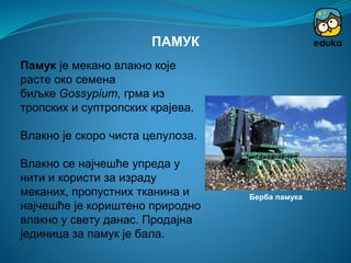 Памук је мекано влакно које
расте око семена
биљке Gossypium, грма из
тропских и суптропских крајева.
Влакно је скоро чиста целулоза.
Влакно се најчешће упреда у
нити и користи за израду
меканих, пропустних тканина и
најчешће је кориштено природно
влакно у свету данас. Продајна
јединица за памук је бала.
ПАМУК
Берба памука
 